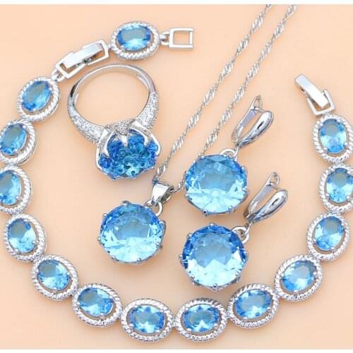Blue Crystal Jewelry Sets For Women 925 Silver Costume Jewelry Kits Earrings/Pendant/Rings/Bracelet/Necklace Set Dropshipping