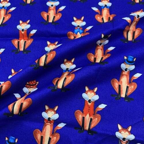 Beautiful 110cm Width 100% Cotton Fabric Digital Printing DIY Sewing Children Clothing Dress Blue Bottom Cartoon Fox Printed