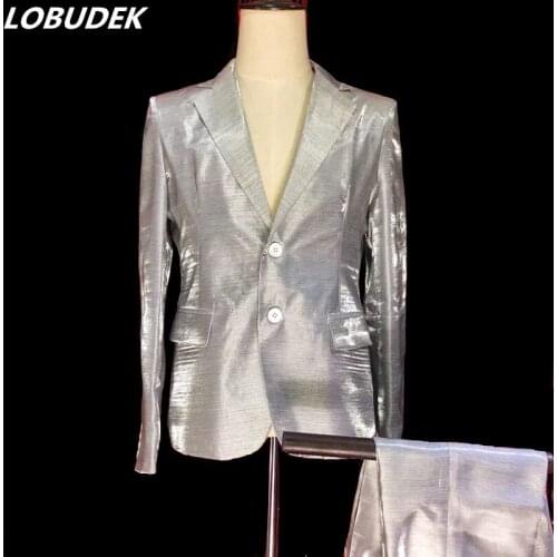 Flashing Silver Tuxedo Pants Mens Suit Bar Nightclub Male Singer Host Performance Costume Concert Stage Outfit Fashion Suits