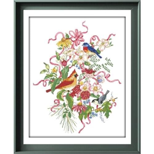 Dreampattern Birds and ribbonn cross stitch kits embroidery needlework sets 18ct 14ct 11ct white cloth DIY handmade