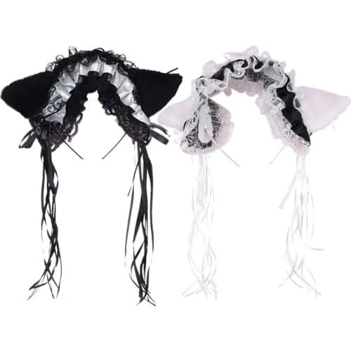 New Women Ruffles Lace Headband Plush Cat Ears Ribbon Golden Bell Tassels Decor Lolita Cosplay Hair Hoop Lovely Pointed Fluffy