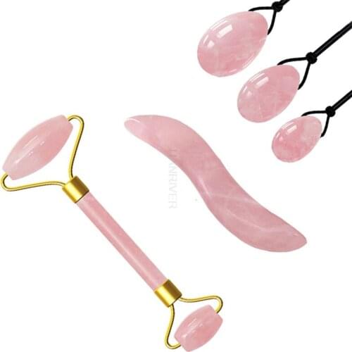 Rose Quartz Jade Roller S-shaped GuaSha Board Yoni Egg Jade Eggs Set Face Massage Crystal Stone Jade Massager Skin Face Roller