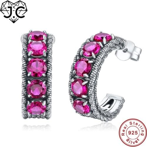 J.C Round Sparkling Ruby & Blue Topaz Delicate Earrings Real Solid 925 Sterling Silver Earrings Fine Jewelry Gift of Women
