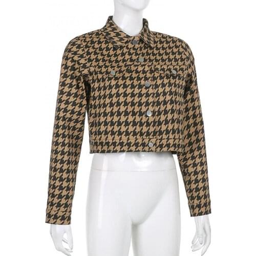 40%HOTWomen Houndstooth Cropped Jacket Pocket Button Turn Down Collar Long Sleeve Coat