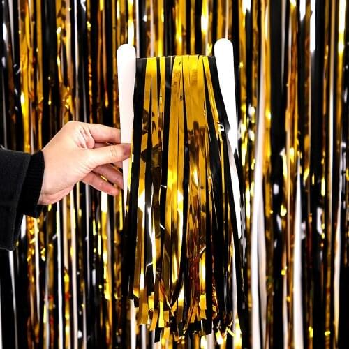 Graduation Party Gold Black Foil Tinsel Fringe Curtains Backdrop Photo Booth Anniversary Adult Birthday Party Wall Decorations