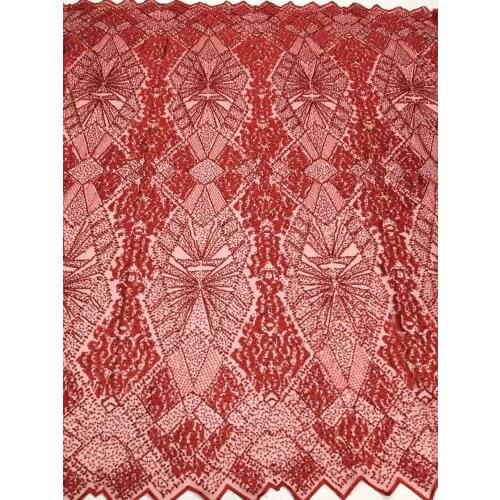 5yards/pc) High quality red African tulle lace excellent embroidered French net lace with tube beads for party dress FSS339