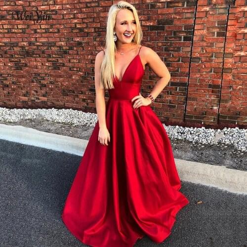 Weiyin AE0555 Sexy Long Prom Dresses A-Line Spaghetti Straps Sweep Train Red Satin Sleeveless Backless Evening Dress