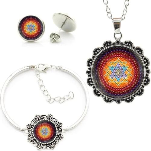 New handmade Fashion women mandala Sri yantra Sacred geometry Art Picture necklace earrings bracelet sets Buddhist jewelry sets