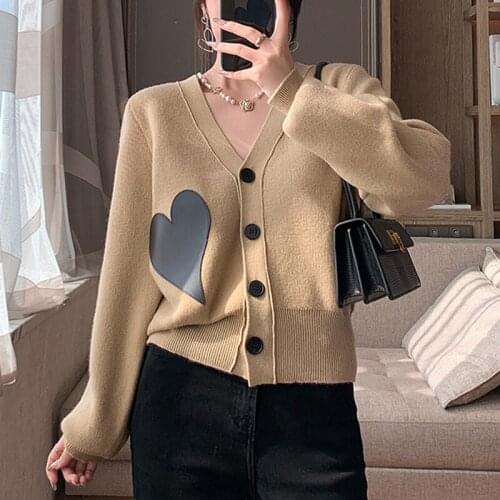 Streetwear Korean Heart Cardigan Women V Neck Khaki Knitted Cardigans Tops Autumn Winter Sweater pull femme jersey