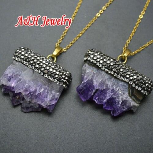 5pcs Purple Color Natural Drusy Uruguayan Crystal With Rhinestone Paved Pendant Fashion Gold Chain Necklace For Men and Women