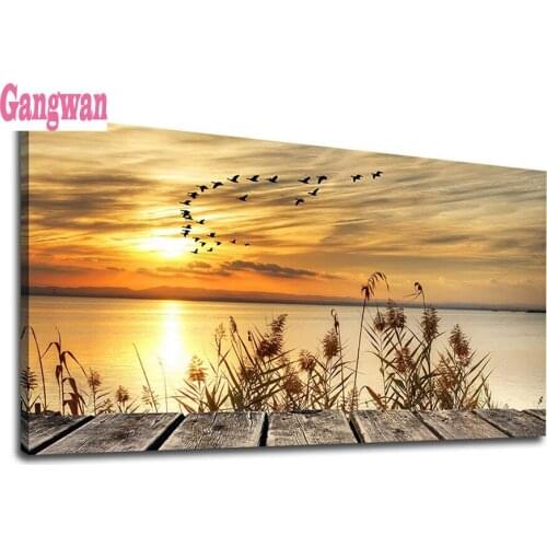 5D Diy Diamond Painting Full Square Round drills Diamond Embroidery Lake Sunset birds landscape mosaic Home Decoration large art