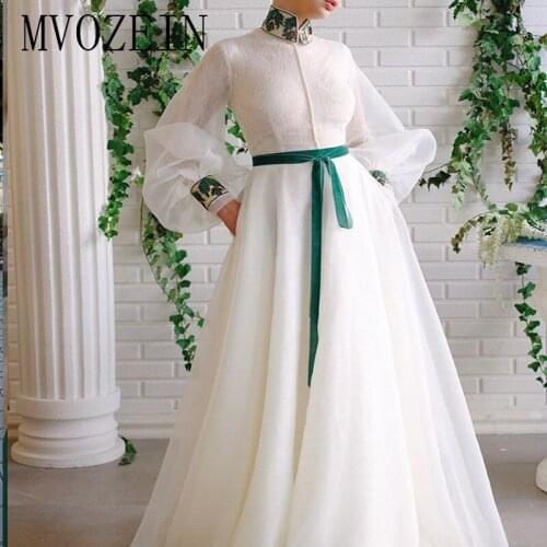 White Evening Dress Embroidery Appliques Muslim Evening Dresses High Collar Full Sleeves Long Formal Party Gowns robe de soiree