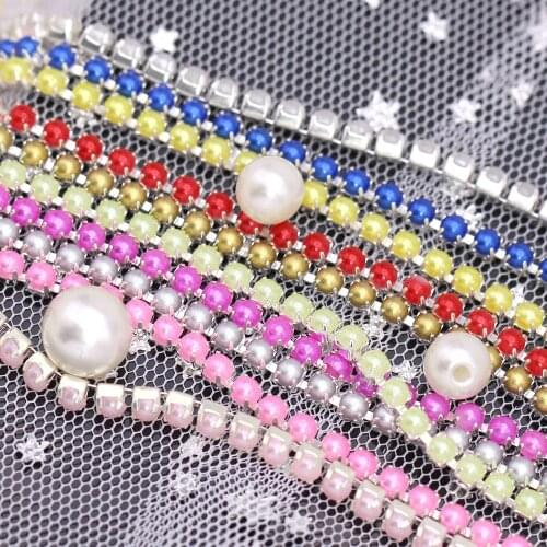 2/10Yards ABS Pearl Rhinestone Chain Sliver Base Pearl Cup Chain 2/2.5MM Sew On Bead Trim Ribbon DIY Clothes Nail Art Decoration