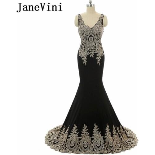 JaneVini Black Mermaid Long Bridesmaid Dresses Satin Gold Lace Appliques Beaded V-Neck Floor Length Formal Maid of Honor Gowns