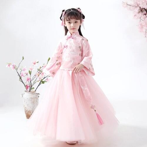 Children Birthday Party Casual Wear Girl Dress Long Sleeves Clothes Kids Dresses For Girls Lace Embroider Flower qipao modern