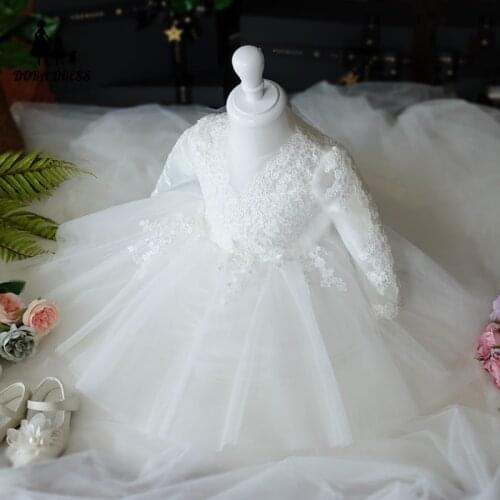 Baby Girls Princess Dress Long Sleeve 1st Year Birthday Vestido White Lace Infant Gown Christening Party Newborn Baptism Clothes