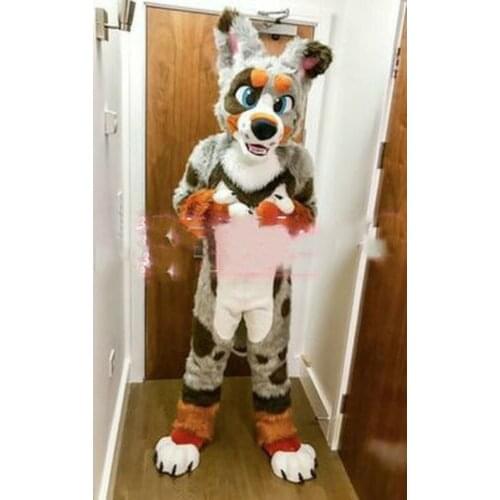 Hot Sale Cosplay Adult New Gray Long Fursuit Husky Dog Fox Christmas Mascot Costume Top Quality Dress Free Shipping