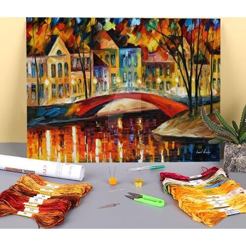 Red Bridge Printed Water-Soluble Canvas 11CT Cross Stitch Complete Kit DIY Embroidery DMC Threads Craft Handicraft Needle