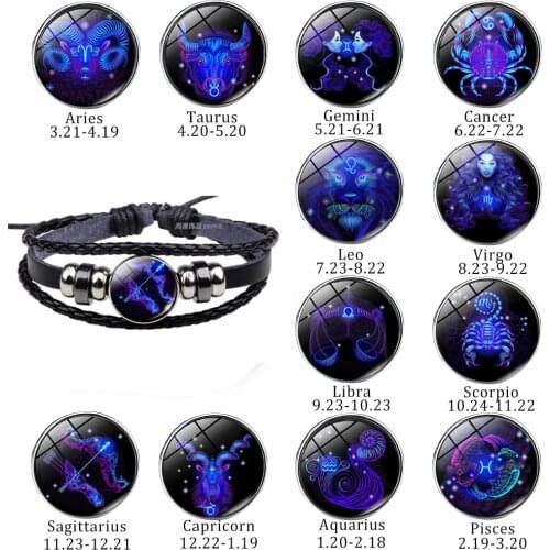 12 Constellation Black Rope Braided Leather Bracelet Zodiac Bracelet Cancer Leo Virgo Libra Scorpio for Men Women