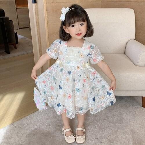 Summer Dress New Cute Girl Dress Butterfly Print Lace Princess Dress Cartoon Square Neck Short Sleeve Childrens Clothes
