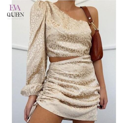 EvaQueen Print Hollow Out Date Mini Dress For Women One Shoulder Ruched Bodycon Dresses Drawstring Backless Sexy Party Vestidos