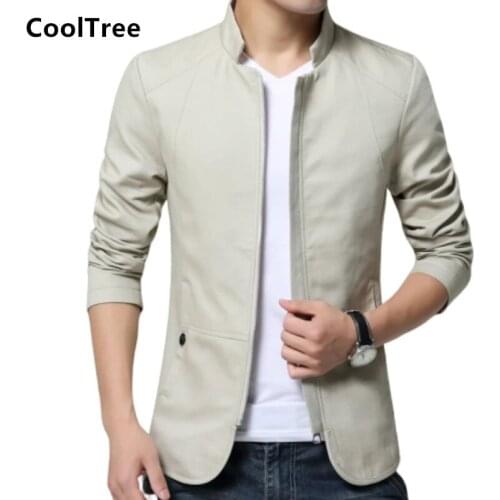 CoolTree Men Casual Jackets Spring Autumn Stand collar Solid color Cotton Coats Male Slim Fit Zipper Outerwear Brand Clothing