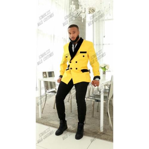 Mens Suits Slim Fit 2 Pieces Business Groom Double Breasted Jacket Tuxedos Yellow Blazer For Wedding Prom Evening(Blazer+Pants)