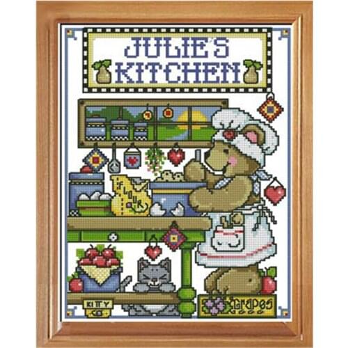 Cute Cartoon Cross Stitch 11ct Printed Cloth Kit Bear Chef Hanging Picture Handmade Chinese Embroidery Material Pack