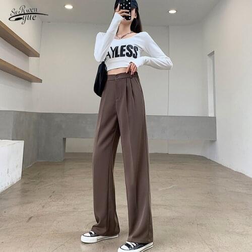2021 Autumn New Womens High Waist Pants Straight Loose Suit Pants White Trousers Casual Boyfriend Pants Wide Leg Pants 16345