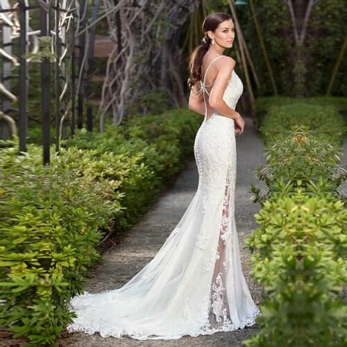 Sexy Spaghetti Straps Backless Mermaid Wedding Dresses 2019 Formal Lace Appliques Beaded Crystal Women Bridal Gowns robe