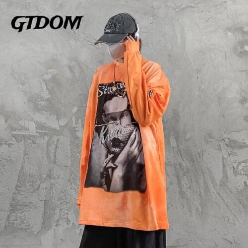 GTDOM Casual Loose Men Clothing Cotton Hip Hop Street American Tie Dyed Printing 2021 Autumn New O-Neck Long Sleeve T-shirt