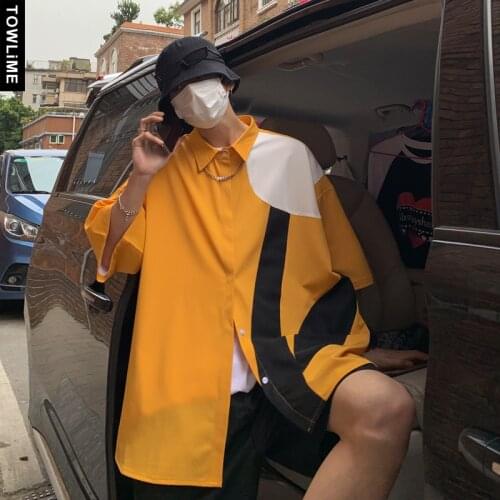 2021 Summer Mens Loose Hawaiian Colorblock Short Sleeve Shirts Harajuku Streetwear French Cuff Women Fashion Blouse Couple tops