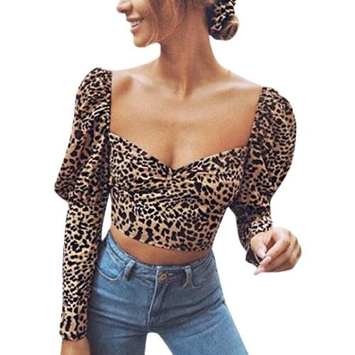 Sexy Women Leopard Crop Tops Blouse Ladies Deep U Collar Long Sleeve Printing Shirts Pullovers High Street Slim Tops Women Cloth