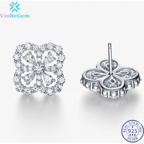 Vinregem 100% 925 Sterling Silver Created Moissanite Gemstone Engagement Four Leaf Clover Creative Studs Earrings Fine Jewelry