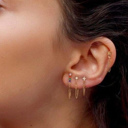 100% 925 Sterling Silver Delicate rainbow colourful CZ geometry Square long Tassels drop Earrings for Women girl gift jewelry