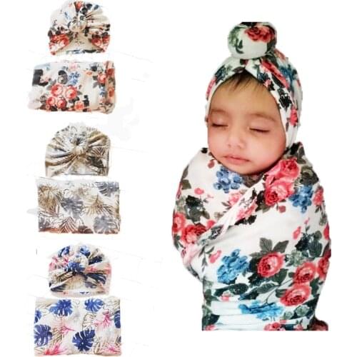 Newborn Baby Hat Turban Cotton Beanie 0-3M Infant Baby Swaddle Blanket Boy Girl Floral Baby Wrap
