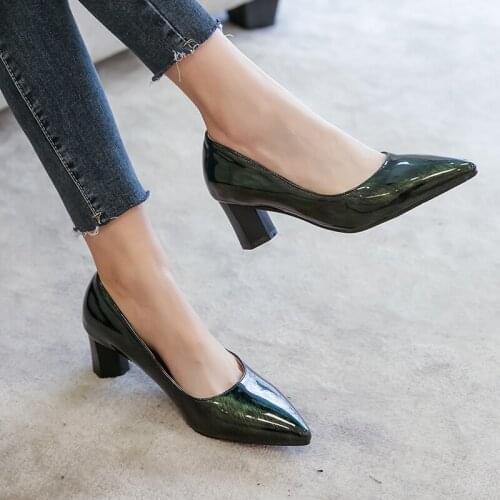 All Melody Women Pump Square Heel PU Patent Leather Pointed Toe Slip-on Spring Autumn Office Career Party Dress Fashion Big Size