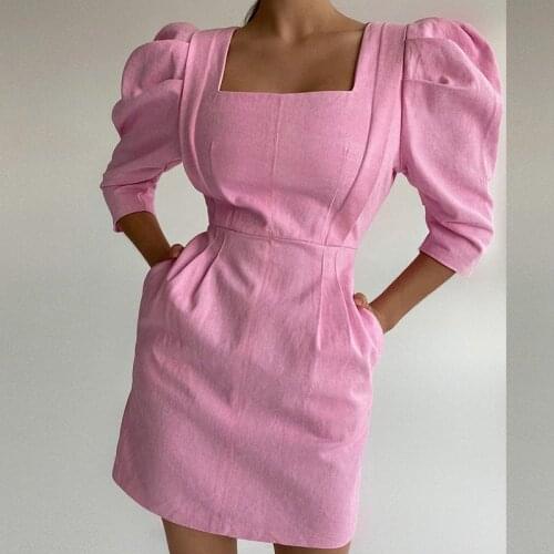 Women Dresses Square Collar Pocket Puff Shoulder Cotton Solid Elegant Party Mini Dress Spring Autumn 2021