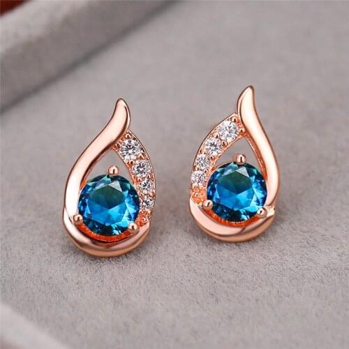 Cute Female Small Round Stone Earrings Crystal Blue Rainbow Stud Earrings Luxury Rose Gold Color Wedding Earrings For Women