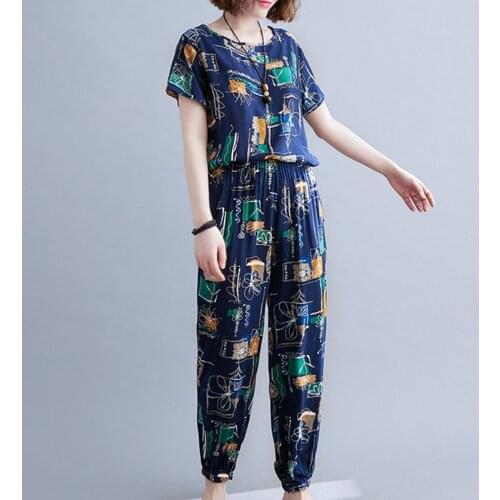 Cotton Satin Print Floral Vintage Women Clothes Set High Waist Harem pants Top Two Piece Womens Summer Casual Set Suits