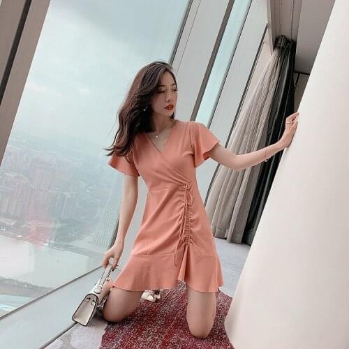 Women Summer Dress 2020 New Korean Style V Neck Ruffle Slim Lace Up High Waist Short Sleeve Knit Glitter Dress Pink Black D240
