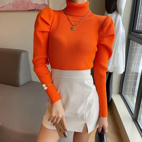 Winter Clothes Women Turtleneck Sweater Fashion Slim Bubble Sleeve Solid Color Knitwear Jumper