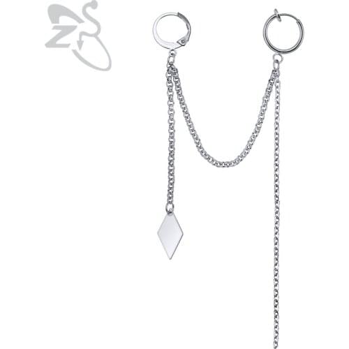 ZS Mens Stainless Steel Eardrop Earrings Punk No Holes Earring Stud Fake Piercing Ear Studs Long Chain Fashion Womens Earrings