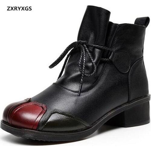 ZXRYXGS Top Cowhide Splicing Spell Color Women Leather Boots Fashion Elegant Warm Boots Winter Boots Thick Heels Women Boots