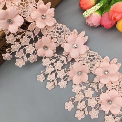 1 Yard Pink 3D Diamond Flower Lace Trim Fabric Ribbon Tassel Embroidered Applique Sewing Craft Wedding Dress Clothes 9cm