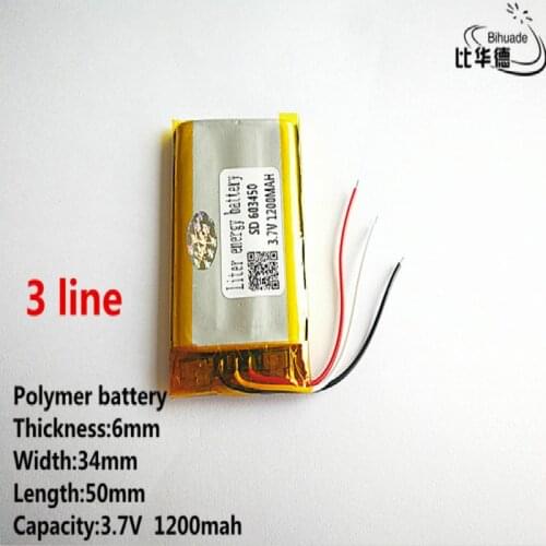 10pcs/lot 3 line Good Qulity 3.7V,1200mAH,603450 Polymer lithium ion / Li-ion battery for TOY,POWER BANK,GPS,mp3,mp4