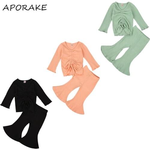 2020 0-3Y Toddler Baby Girl Clothing Shrink Knited Long Sleeve Crop Top +Flare Pants Long Trousers Fall Kids Solid Outfits Set