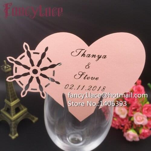 50X Wedding place cards for wine glass, love heart wedding invitations cards,Table Mark Decoration, paper printable invitations