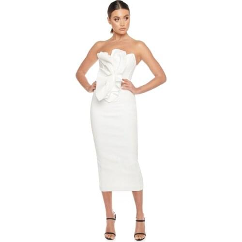 Fashion White Sleeveless Bandage Dress Sexy Strapless Ruffles Club Celebrity Runway Party Dresses Vestidos