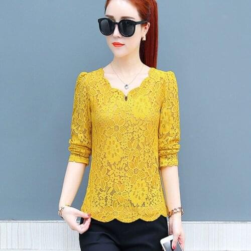 Tops blusas feminina korean spring autumn women vestidos sweet loose long sleeve yellow white red lace shirts female DD2247